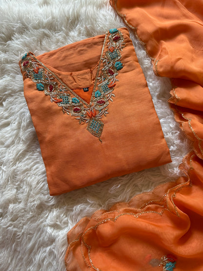 Orange Embroidered Kurta Set With Dupatta