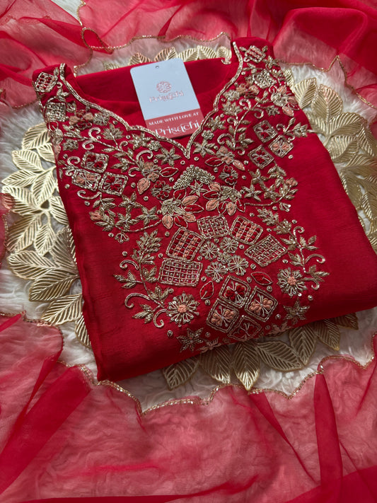 Red Embroidered kurta set with dupatta