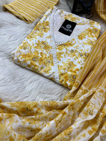 Yellow Floral Print Anarkali Dress