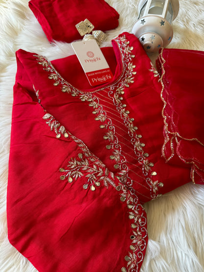 Red embroidered kurta set with dupatta