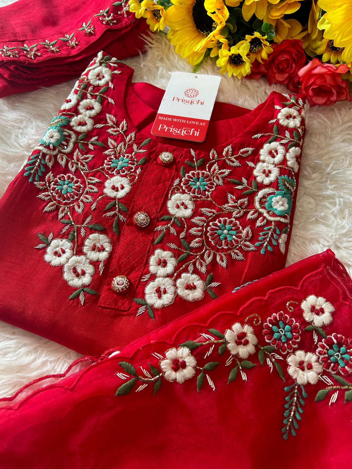 Designer Red Embroidered kurta bottom  with dupatta