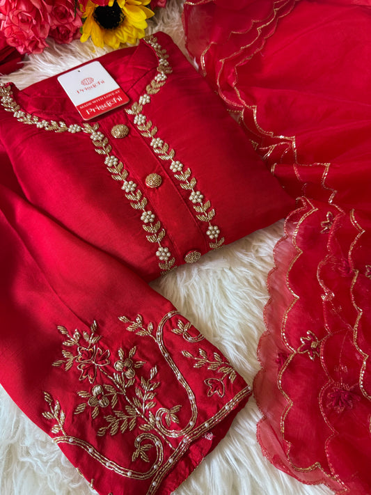 Red embroidered kurta Bottom  with dupatta