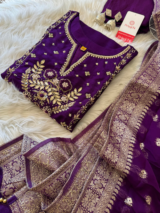 Purple Embroidered Kurta bottom With Dupatta