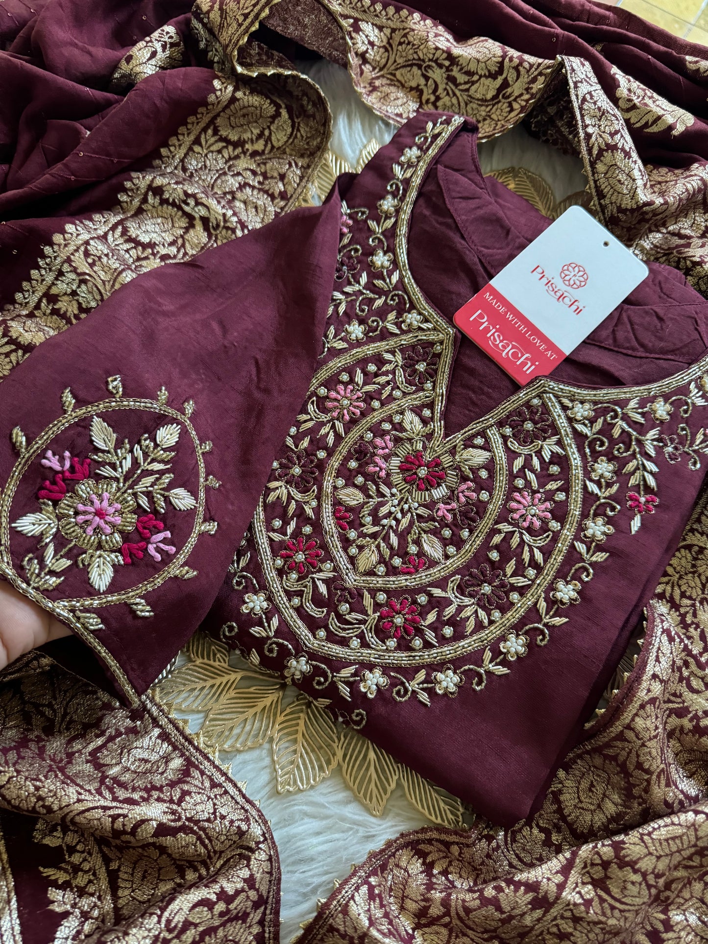 Brown hand embroidered kurta pant  with dupatta