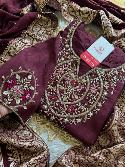 Brown hand embroidered kurta pant  with dupatta