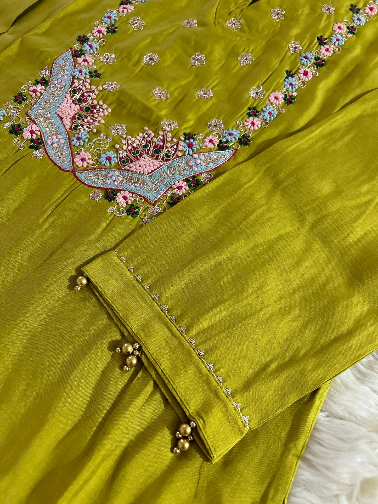 Green embroidered kurta set with dupatta