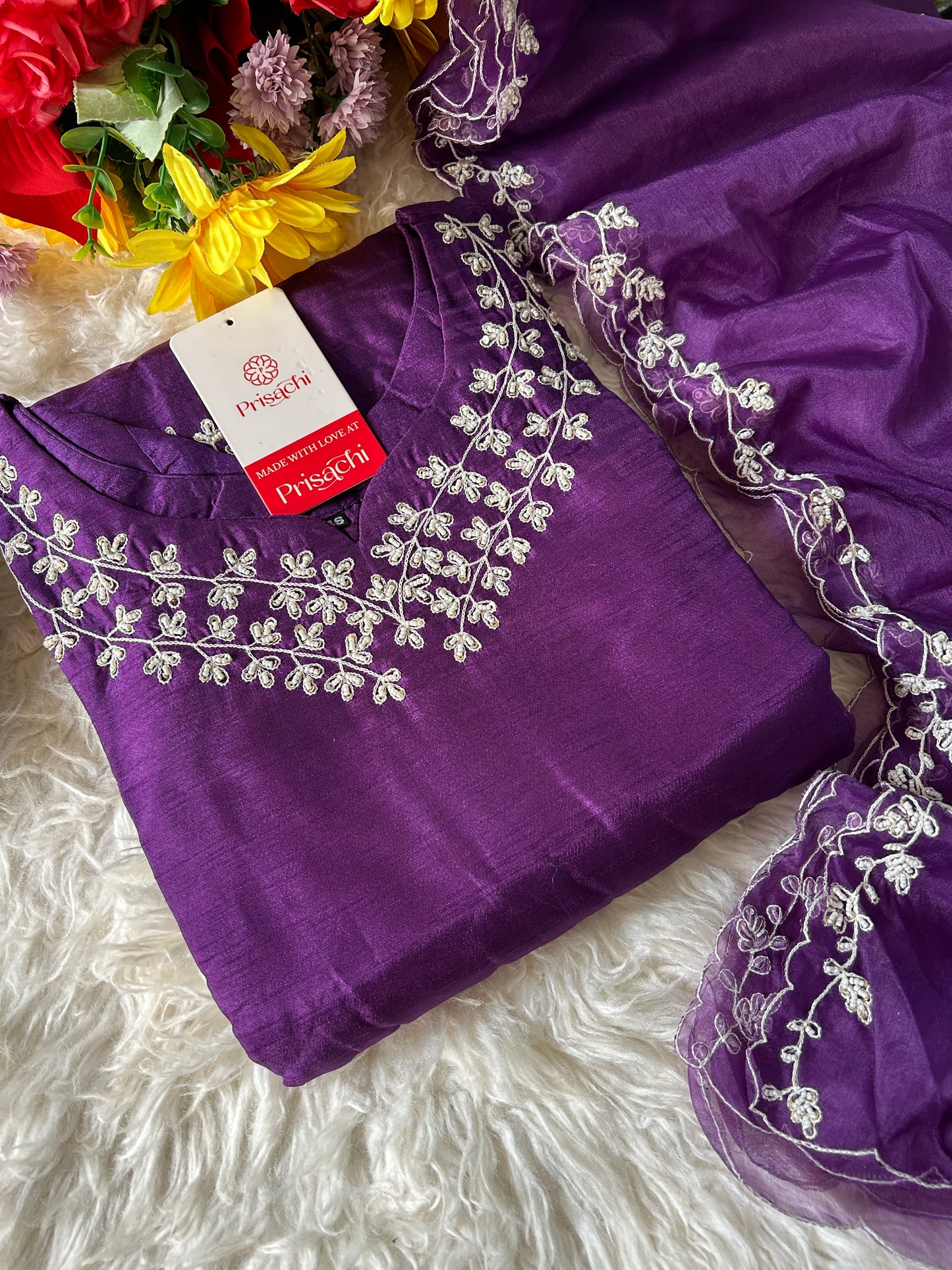 Purple embroidered kurta set with dupatta