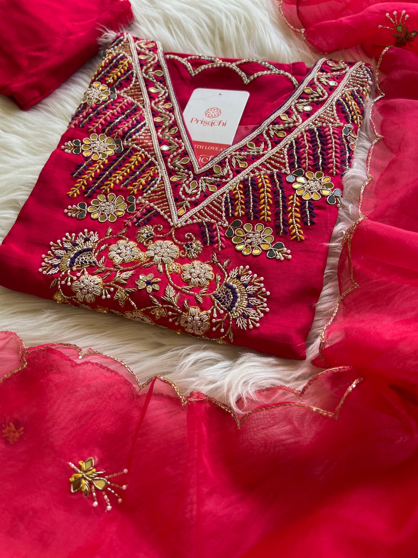 Pink V-Neck embroidered kurta set with dupatta