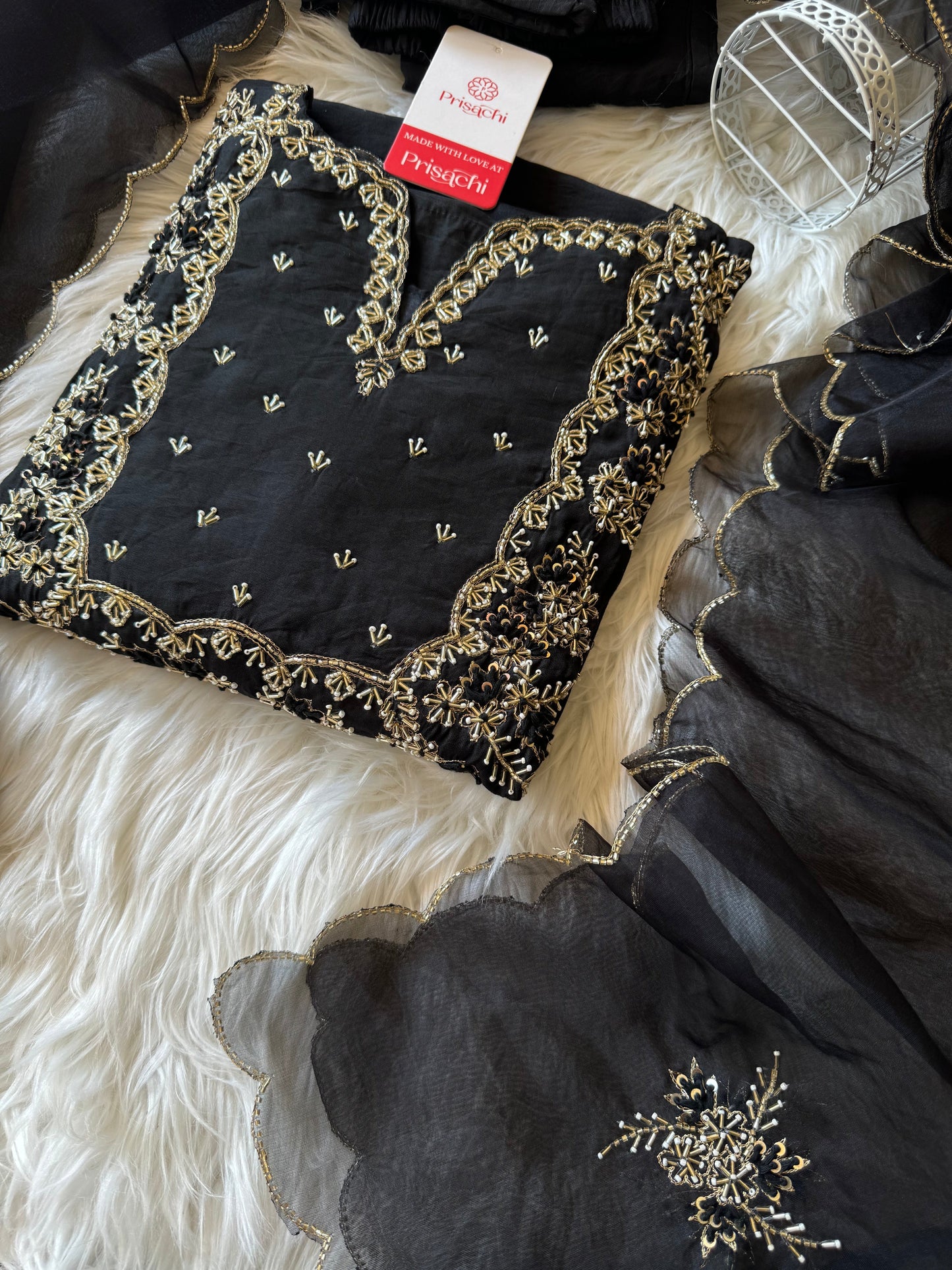 Black embroidered cotton silk kurti pant with dupatta