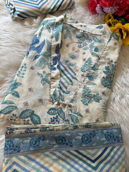 White and Blue Cotton Floral Printed Kurta with Pant  and Dupatta