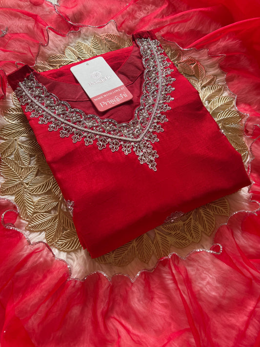 Red embroidered kurta Pant  with dupatta