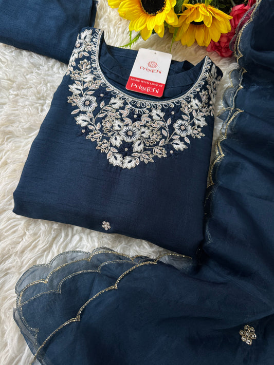 Blue embroidered kurta Bottom  with dupatta