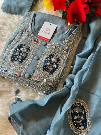 Gray embroidered kurta set with  dupatta