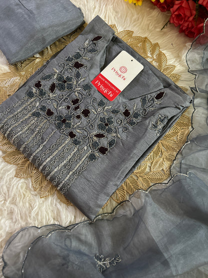 Gray embroidered kurta set with  dupatta