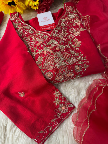Red Embroidered kurta set with dupatta