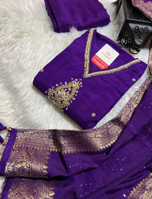 Purple cotton silk embroidered straight kurta set with dupatta - Prisachi Official