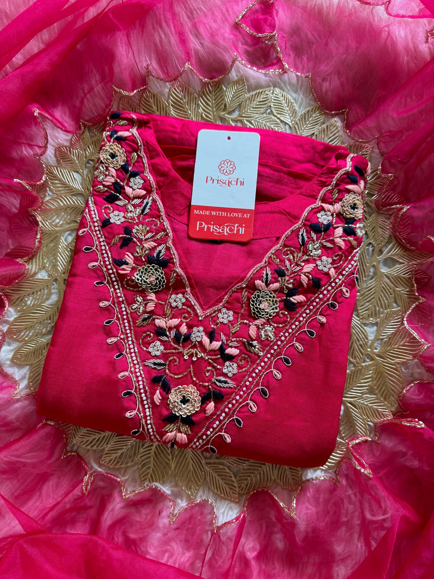 Pink embroidered kurta set with dupatta