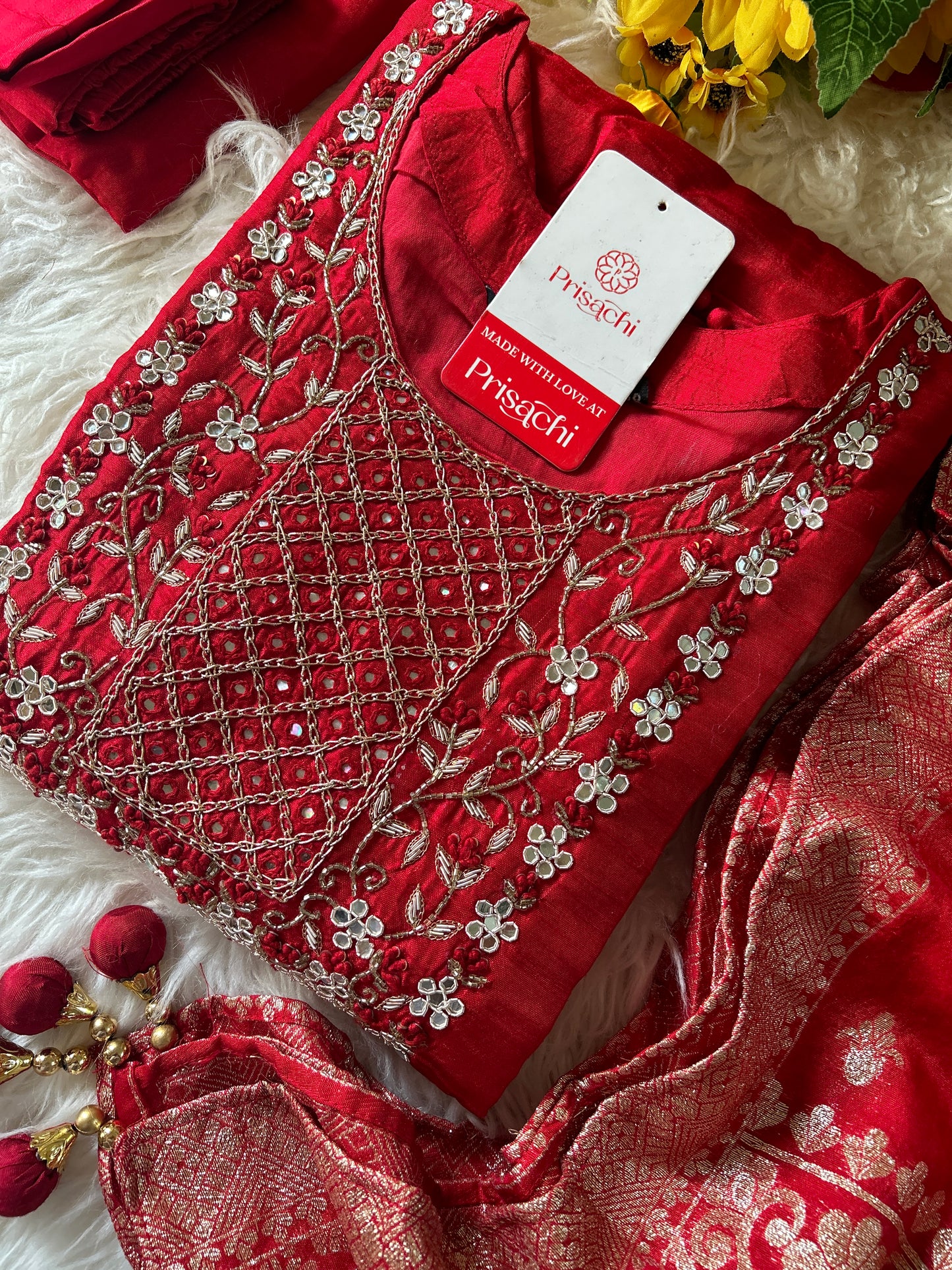 Red Embroidered kurta set with dupatta