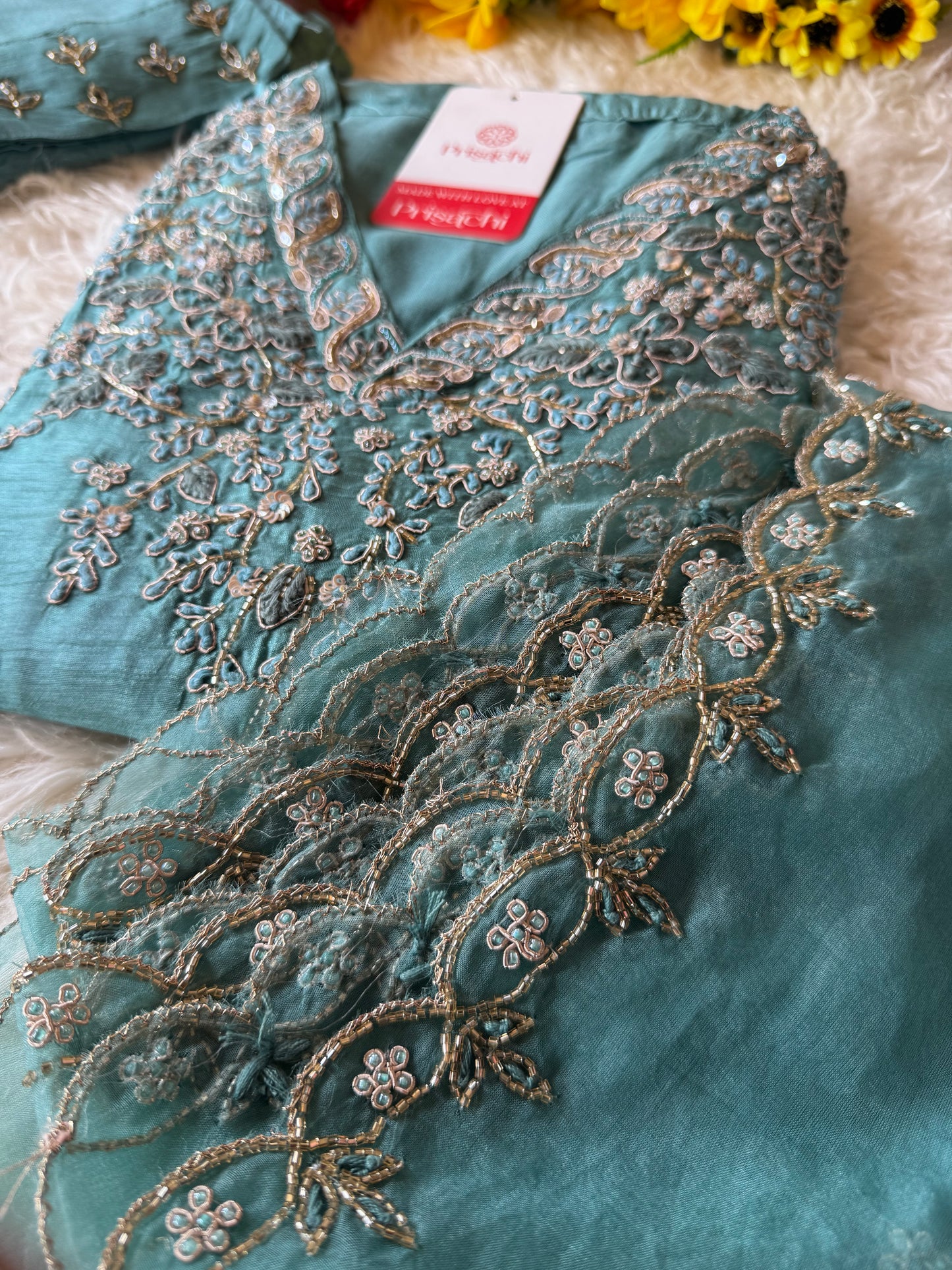 Sky blue Handwork kurta Pant  with dupatta