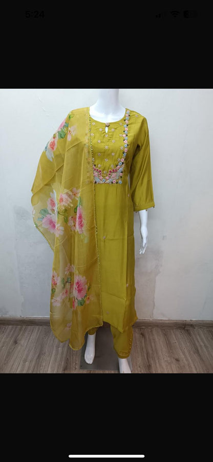 Green Embroidered Straight Kurta Set with Dupatta