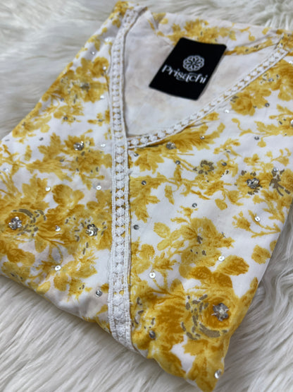 Yellow Floral Print Anarkali Dress