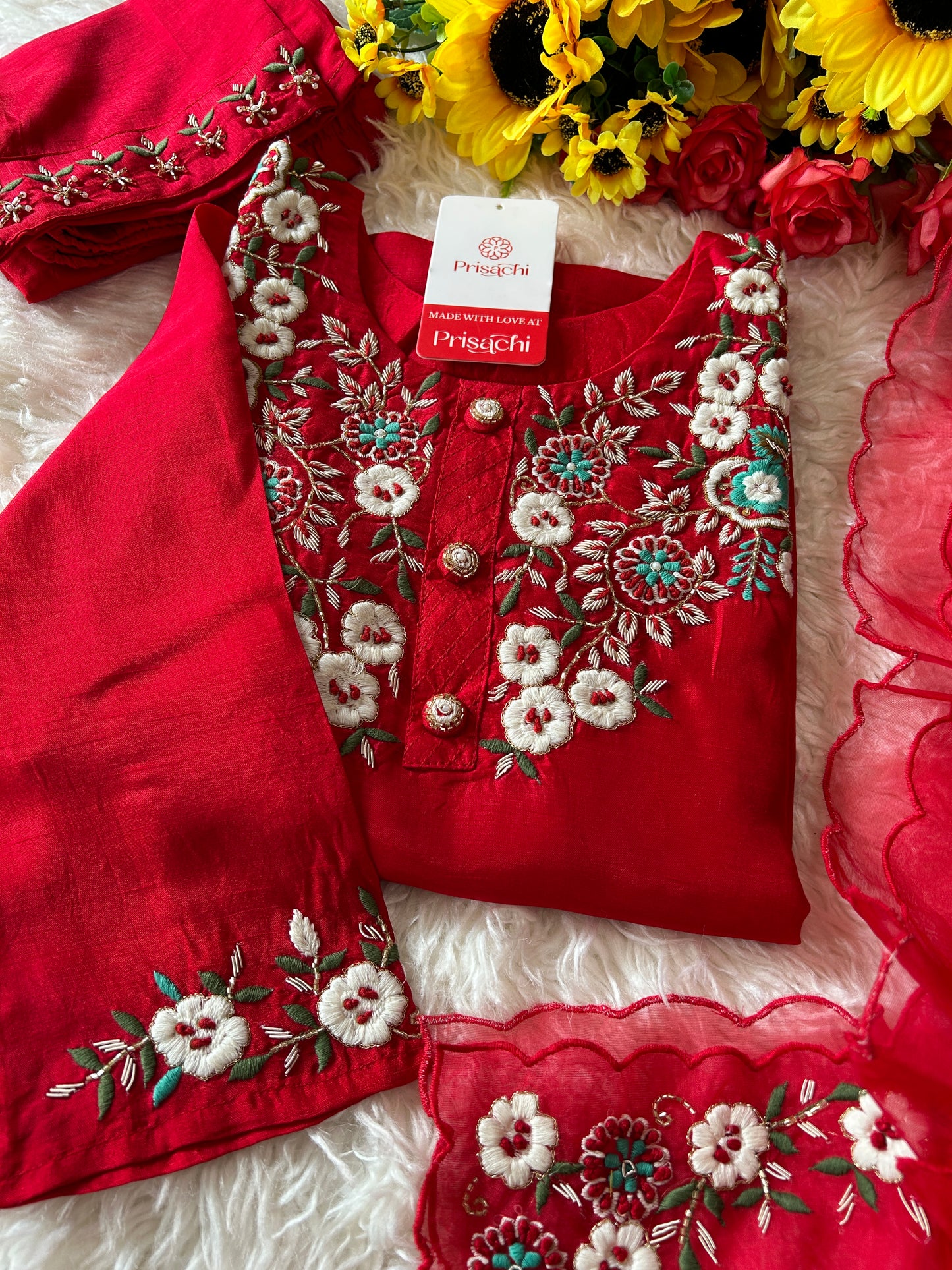 Designer Red Embroidered kurta bottom  with dupatta