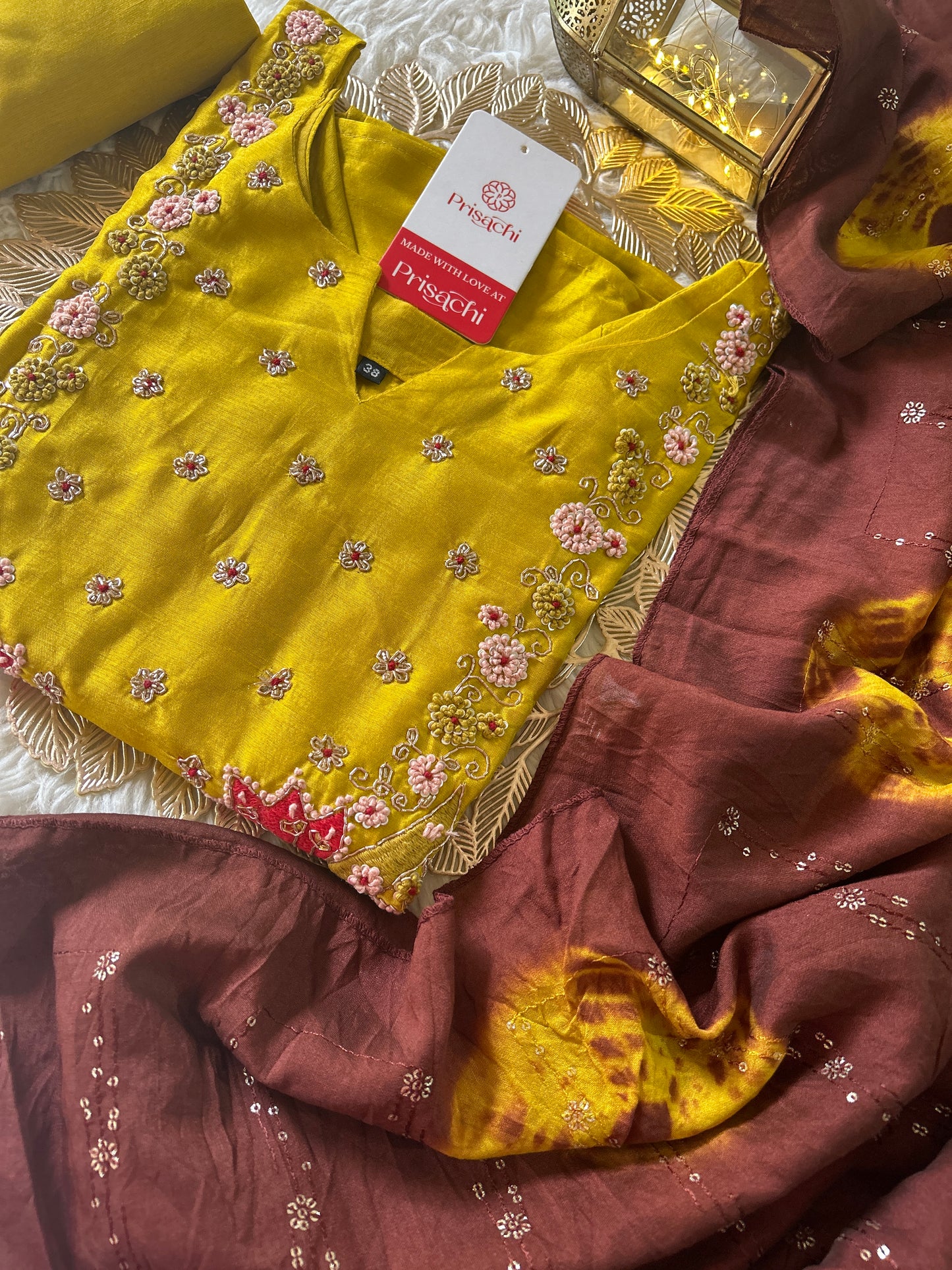 Yellow embroidered  kurta set with dupatta