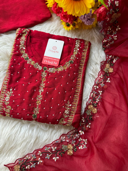 Red embroidered kurta set with dupatta