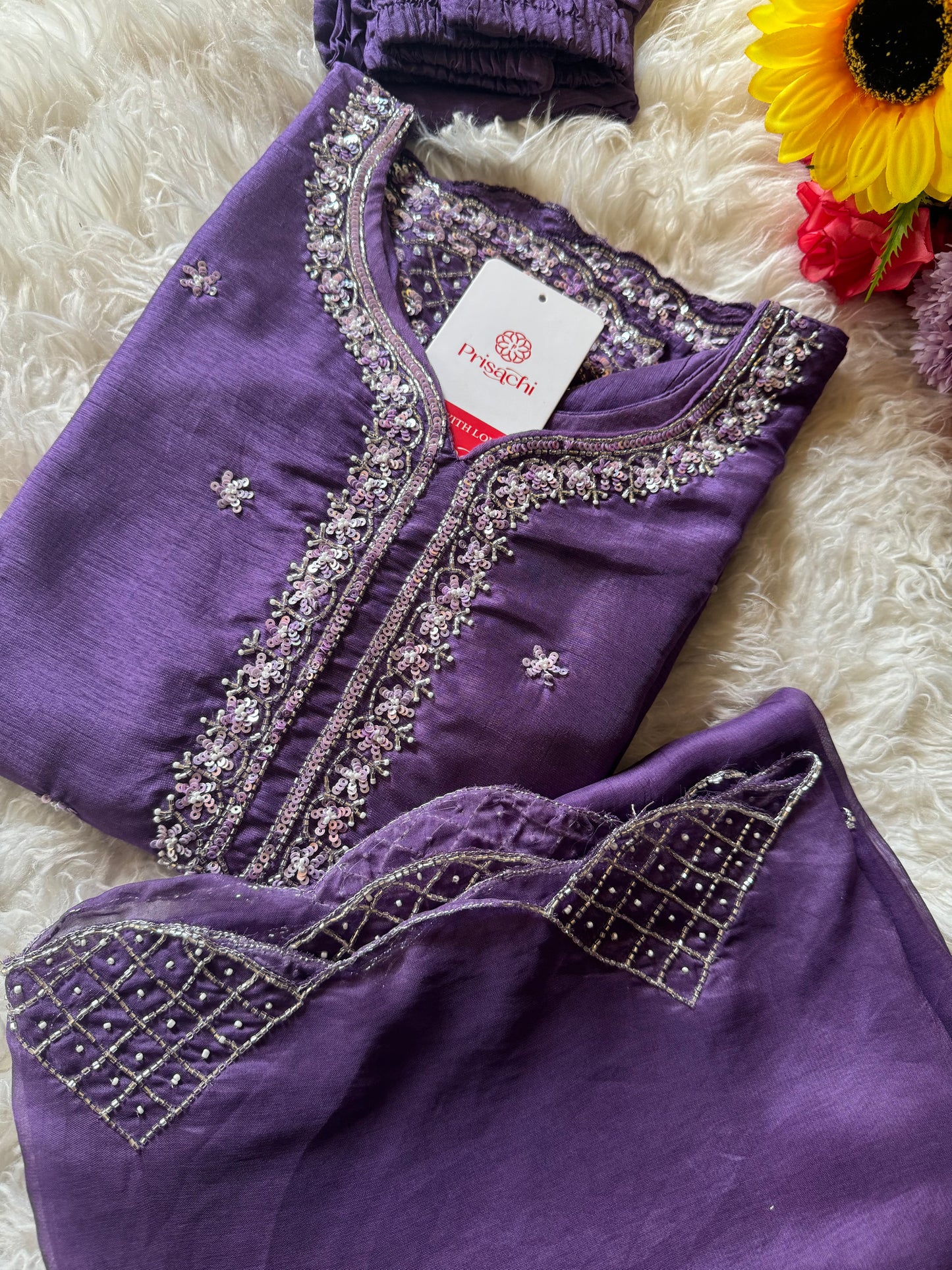 Purple neck embroidered kurta set with dupatta