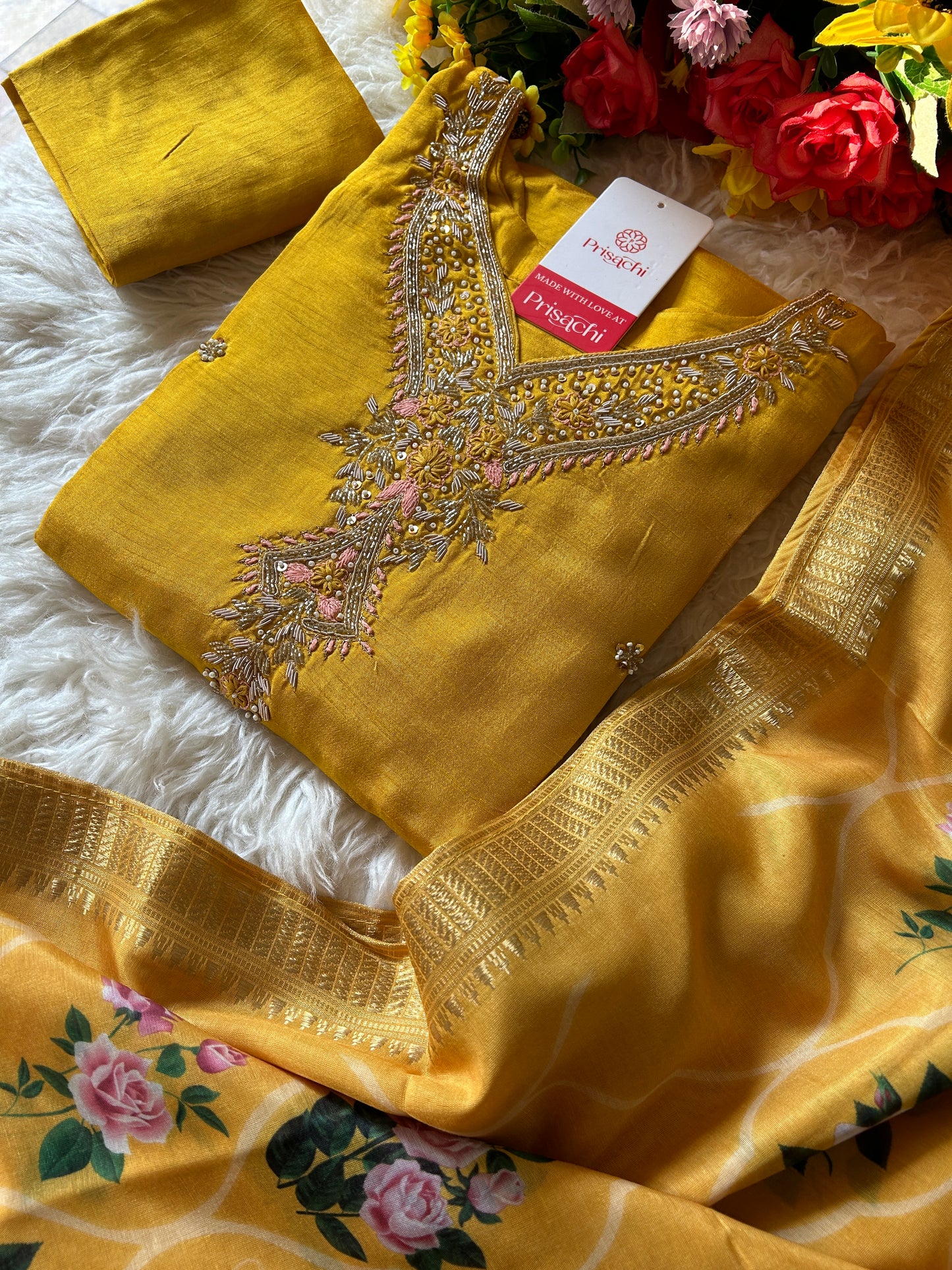 Yellow embroidered  kurta set with dupatta