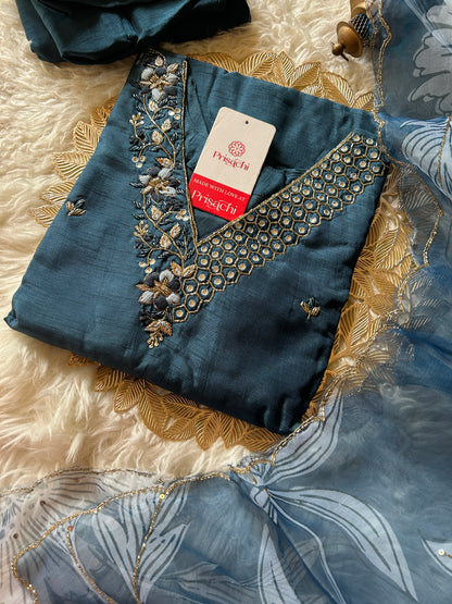 Blue embroidered kurta set with dupatta