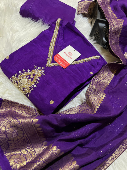 Purple cotton silk embroidered straight kurta set with dupatta - Prisachi Official