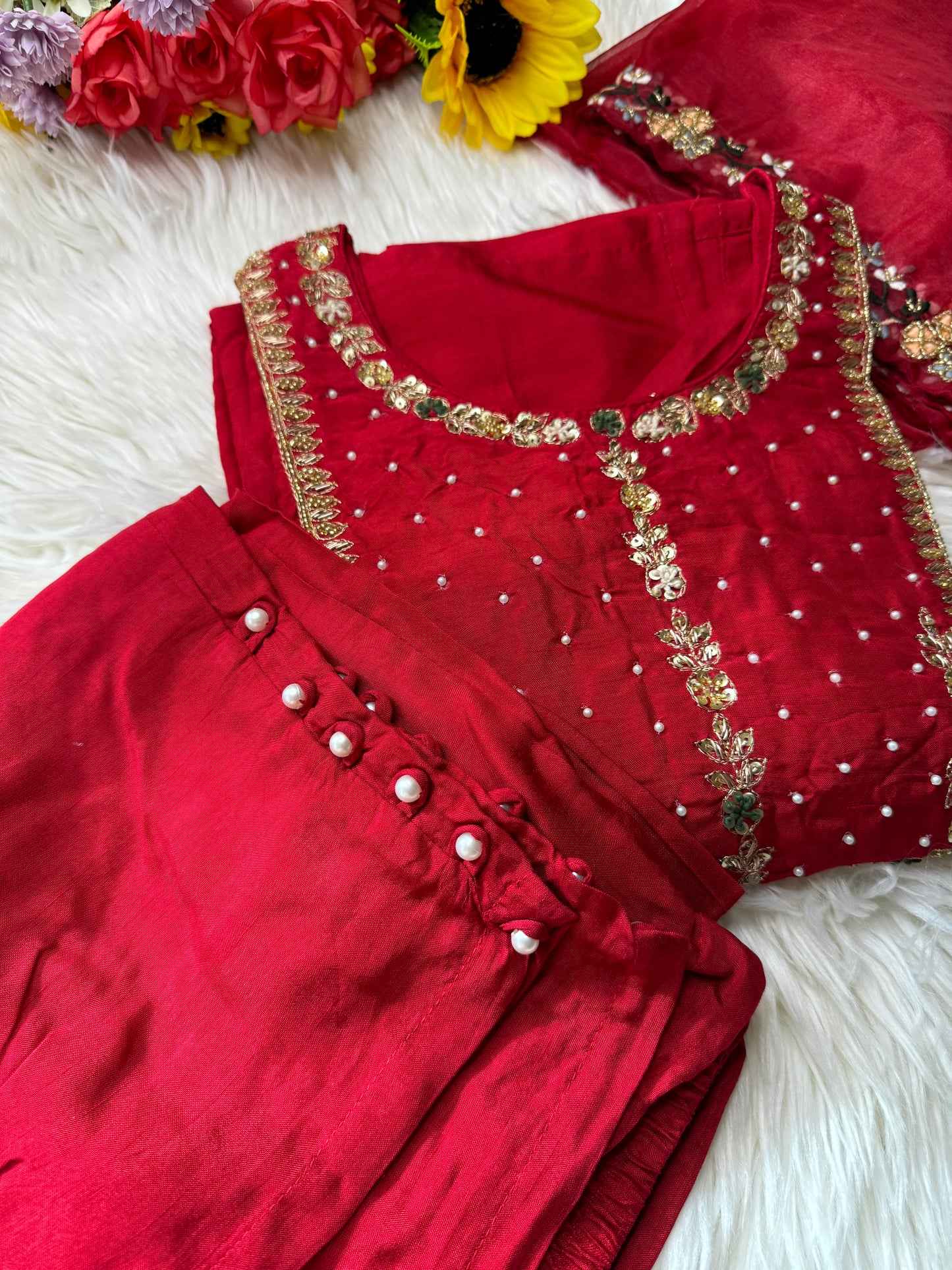 Red embroidered kurta set with dupatta