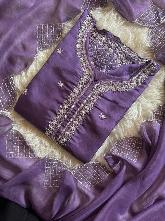 Purple Desinger neck embroidered kurta set with dupatta