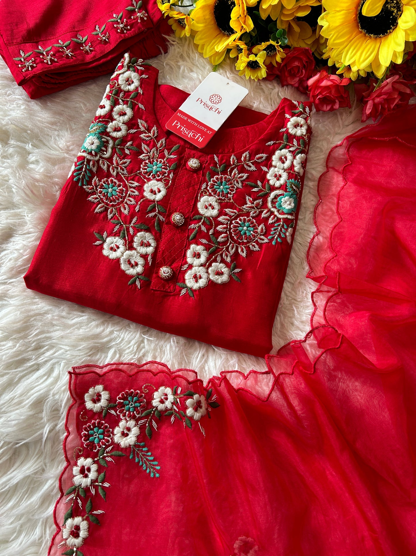 Designer Red Embroidered kurta bottom  with dupatta