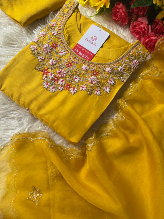 Yellow Embroidered kurta Bottom  with dupatta