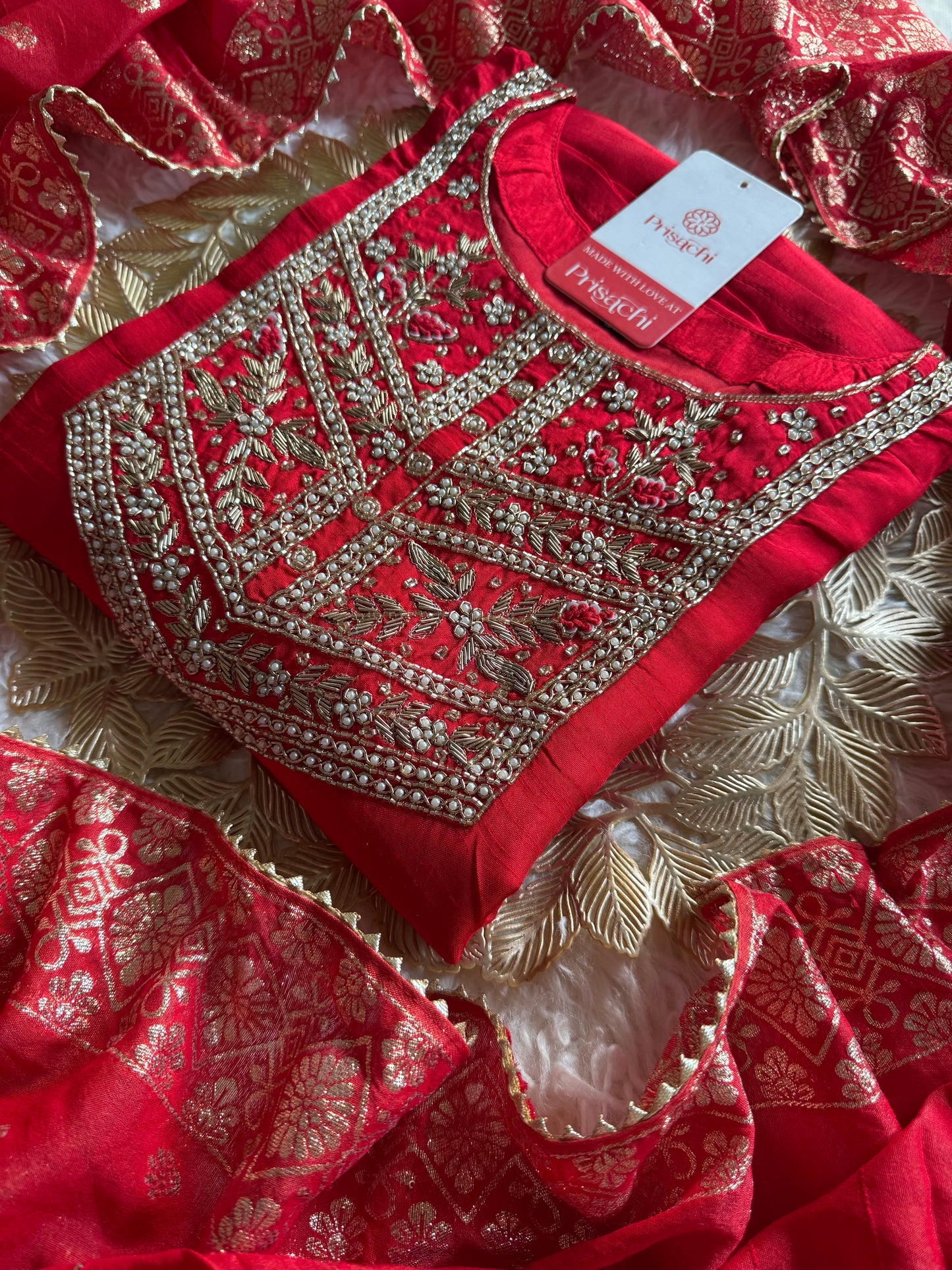 Designer Red Embroidered kurta bottom  with dupatta