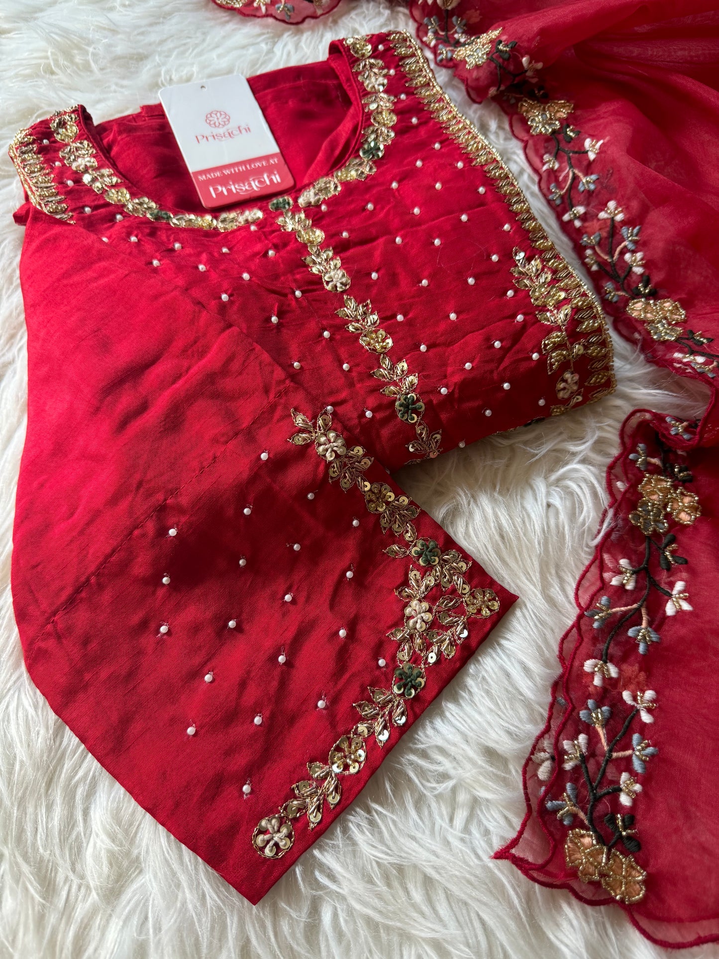 Red embroidered kurta set with dupatta