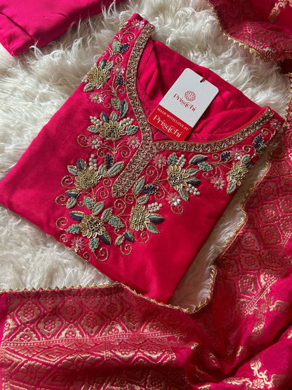 Pink Designer Kurti set with Banarasi Duptta