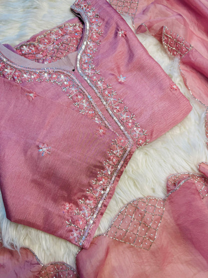 Pink neck embroidered kurta set with dupatta