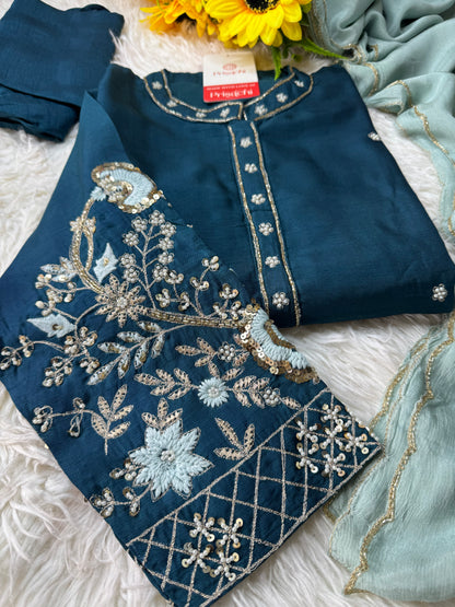 Blue embroidered kurta Bottom with dupatta