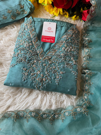 Sky blue Handwork kurta Pant  with dupatta