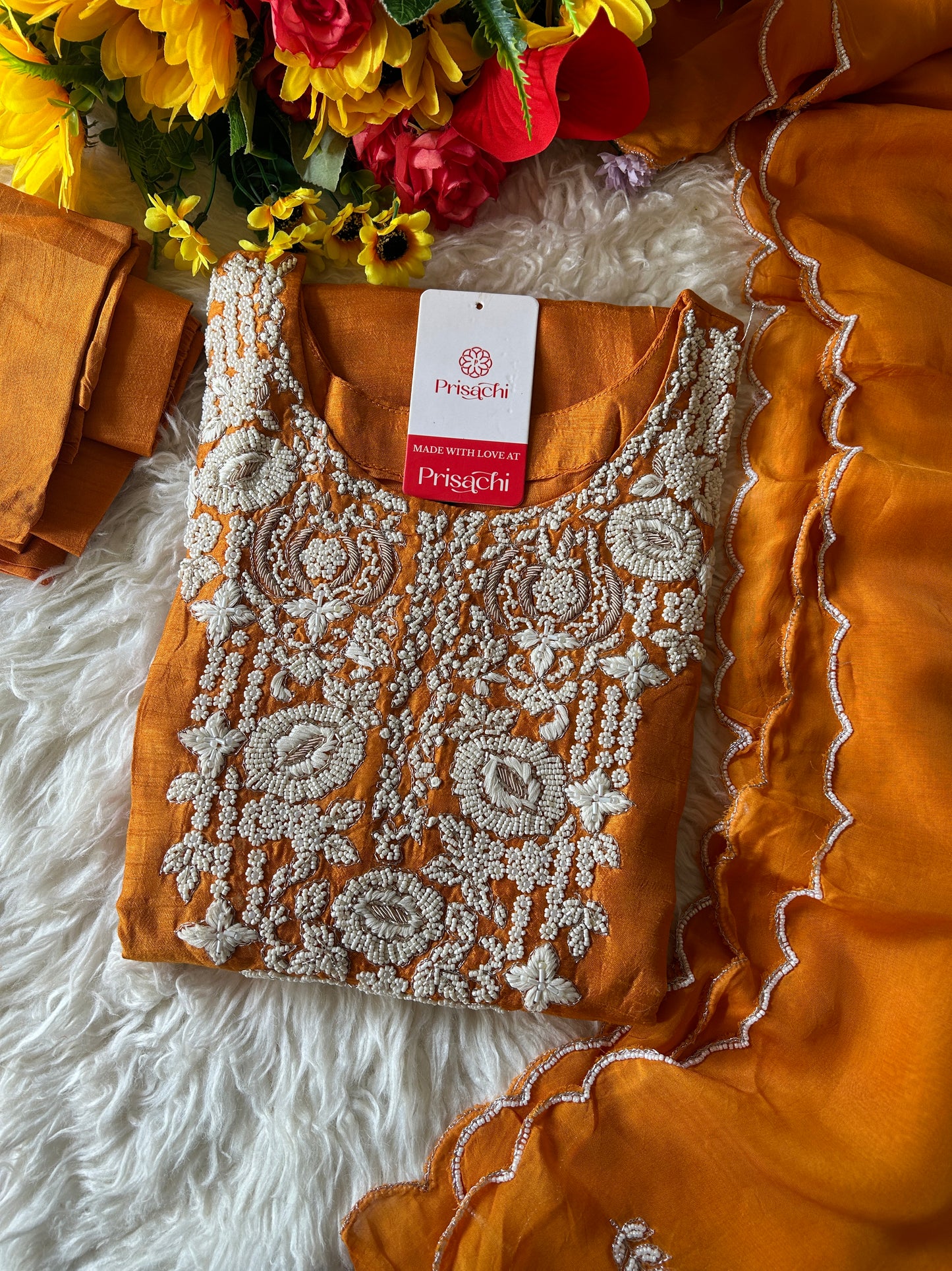 Orange Embroidered Kurta bottom With Dupatta