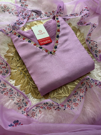 Purple cotton silk embroidered straight kurta set with dupatta