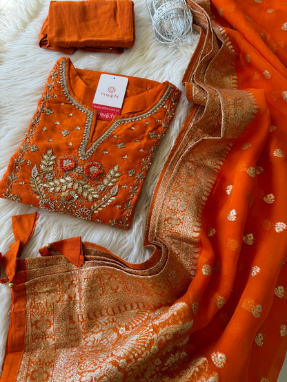 Orange Embroidered Kurta Set With Dupatta