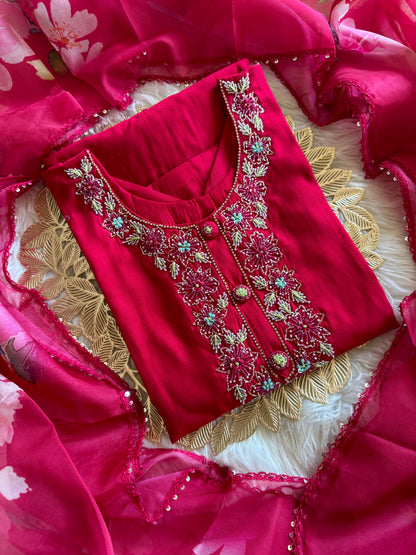 pink neck embroidered kurta set with dupatta - Prisachi Official