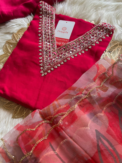 Pink neck embroidered kurta set with dupatta