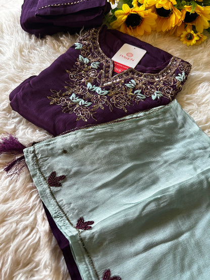 Purple Embroidered kurta set with dupatta with Zardosi work