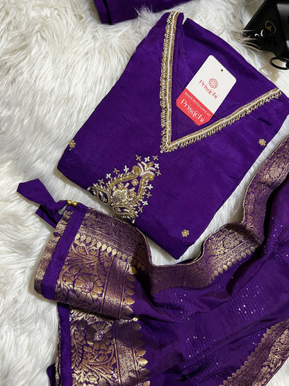 Purple cotton silk embroidered straight kurta set with dupatta - Prisachi Official