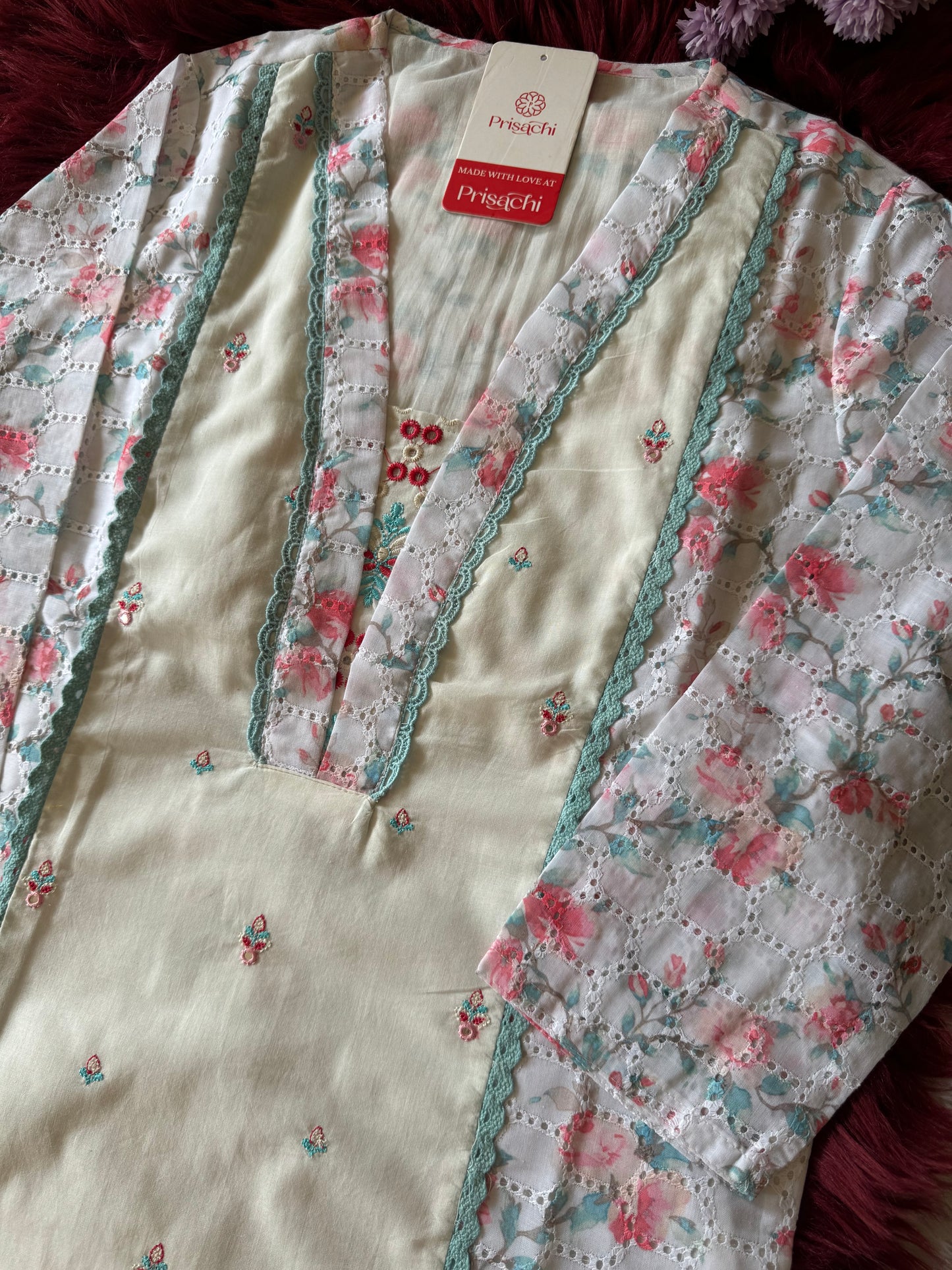 Off white and green Cotton Floral Kurta with Pant  and Dupatta